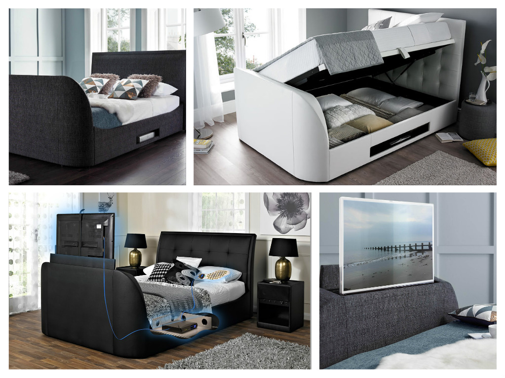 Four different pictures of a TV bed with a storage compartment.