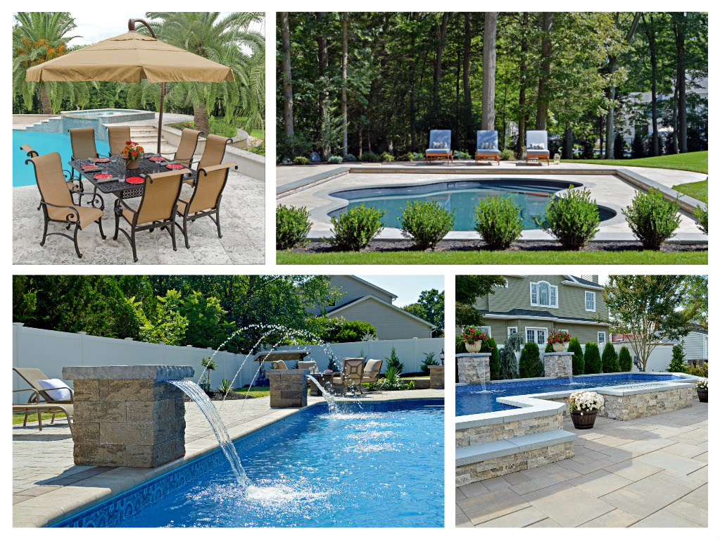 A backyard escape collage featuring a swimming pool and patio.