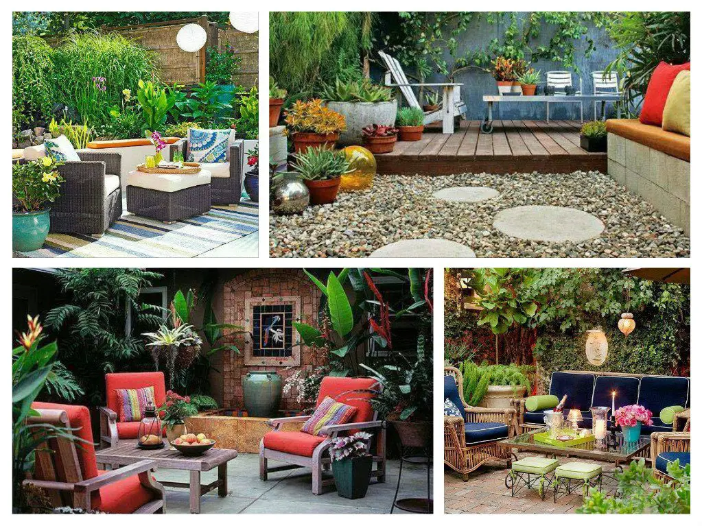 Diverse cozy garden patio designs with lush plants and seating.
