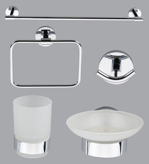 A set of chrome-finished bathroom accessories to enhance your DIY bathroom remodel.