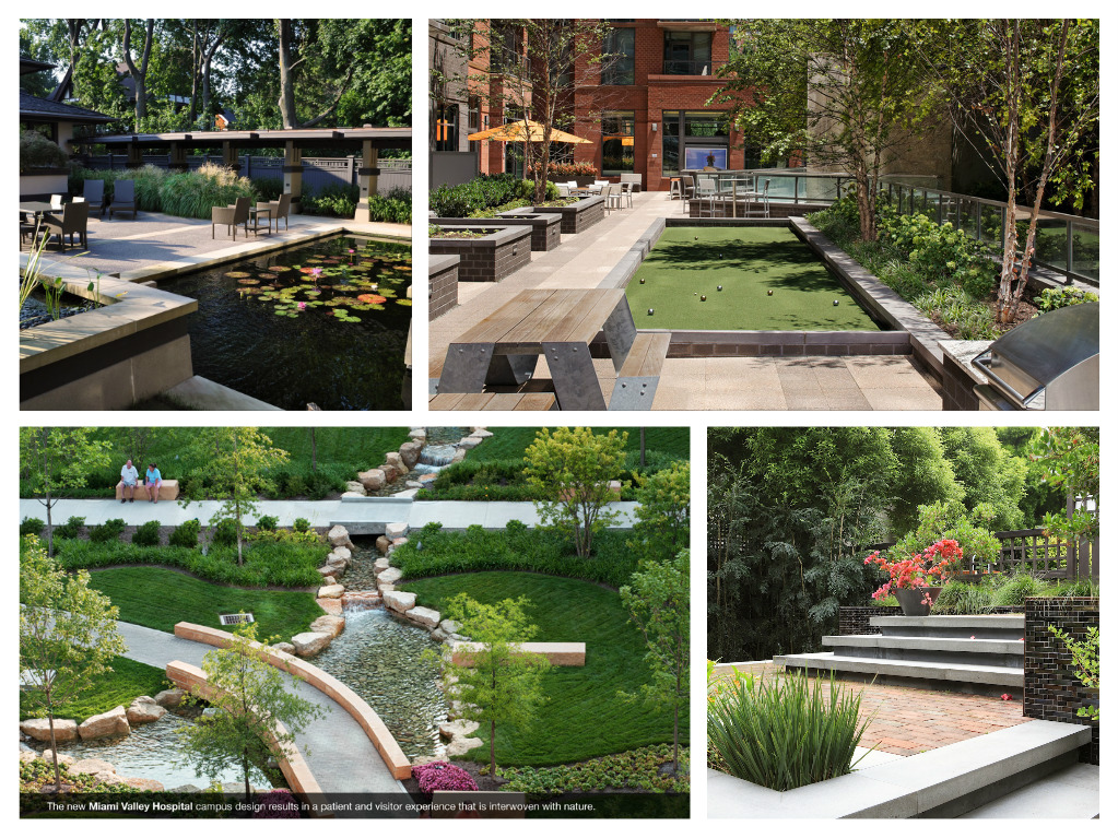 A collage of pictures showcasing a garden created by a landscape architect.