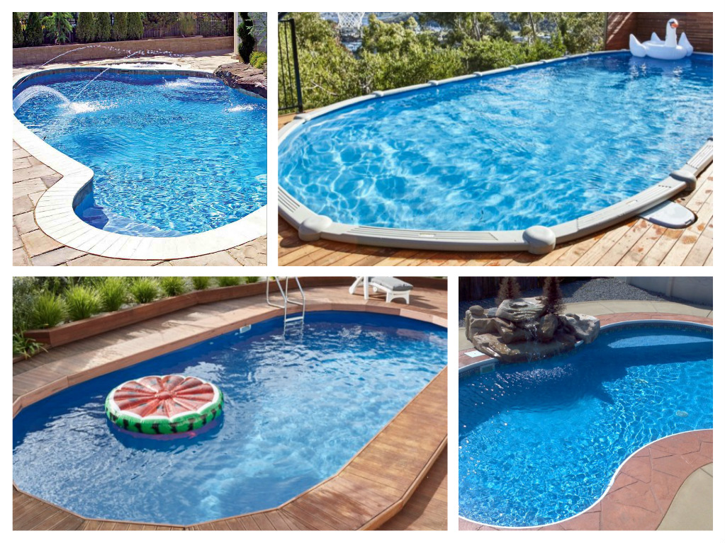 A collage of photos showcasing different types of swimming pools, emphasizing pool safety.