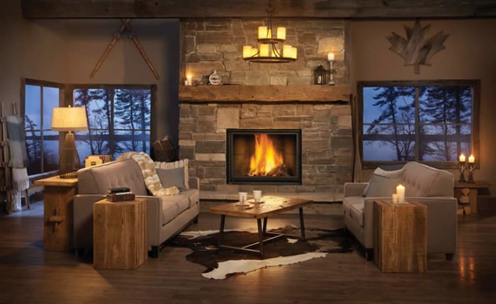 A living room with a cozy fireplace.