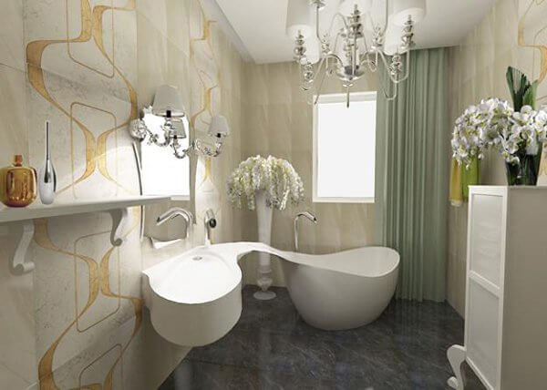 Design a bathroom with a luxurious chandelier and bathtub.