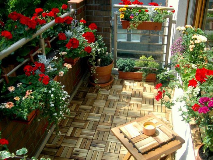 A budget-friendly garden with a balcony and potted flowers.