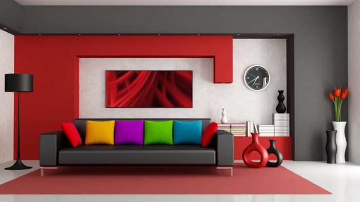 A modern living room with colorful walls and furniture showcasing interior designing.
