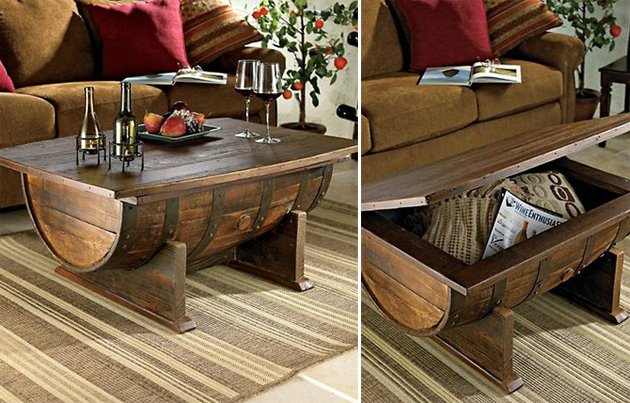 Two pictures showcasing a coffee table crafted from a wine barrel.