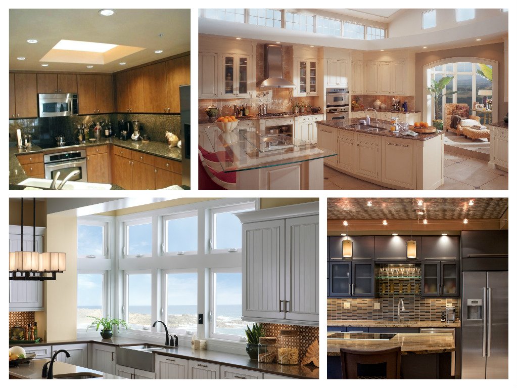 A collage of pictures showing different kitchens with home lighting.