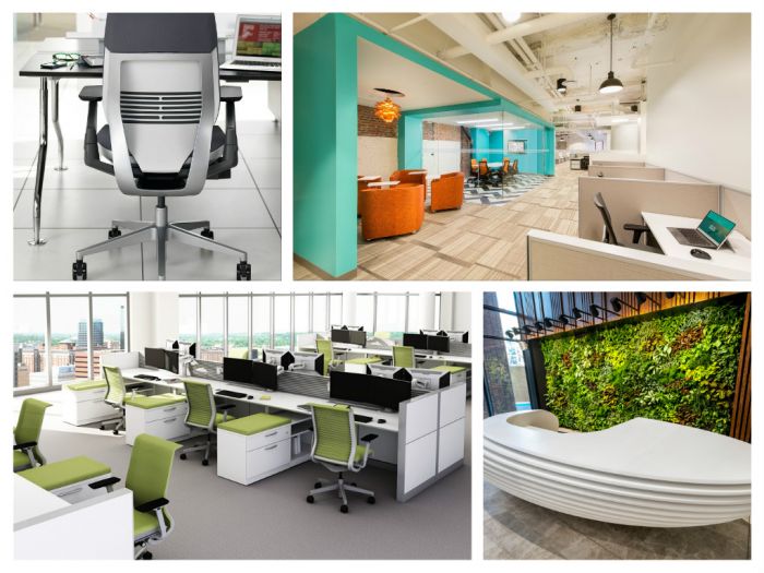 A contemporary collage of office furniture and desks.