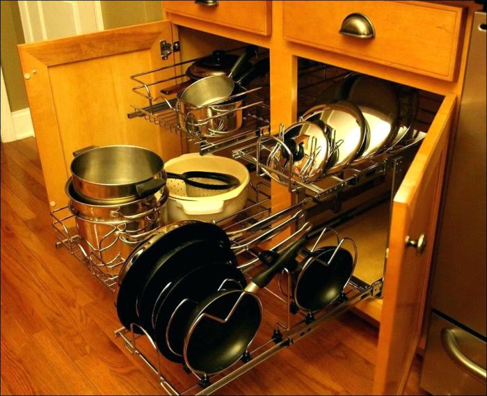 A versatile kitchen cabinet with pots and pans in it.