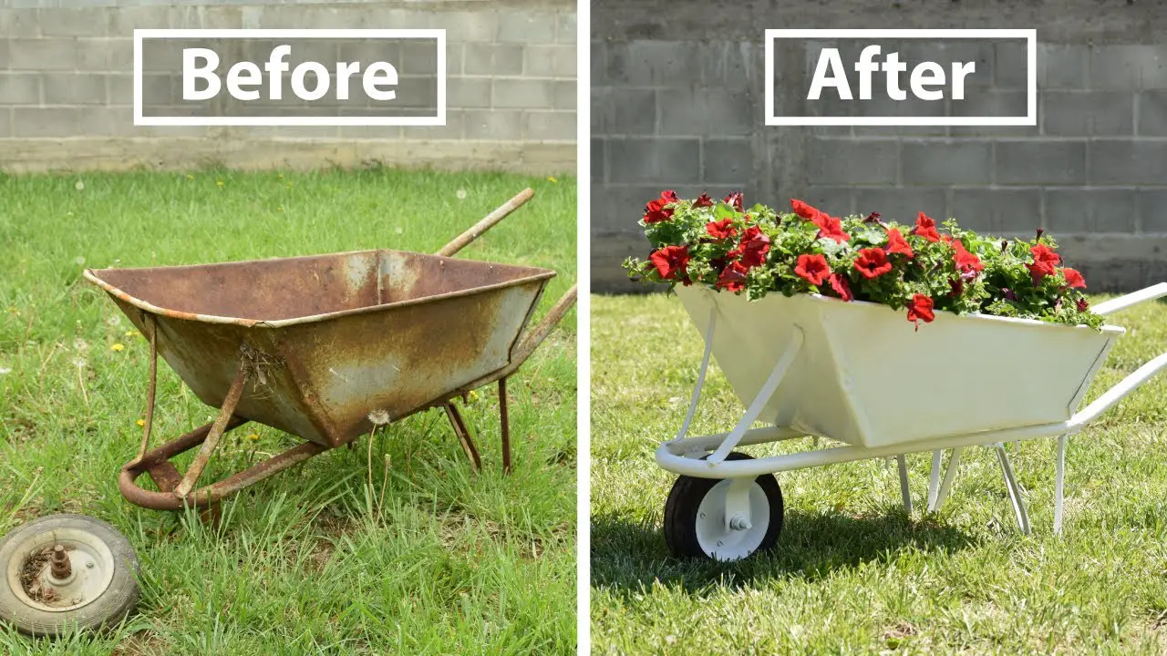 Two pictures of a budget-friendly garden wheelbarrow filled with flowers.