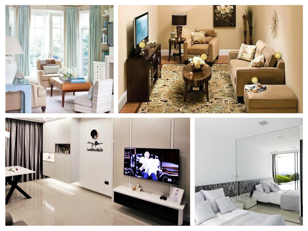 A collage of pictures showing a small living room, dining room and bedroom.