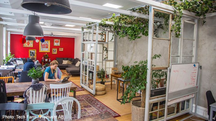 A room with a table, chairs, and plants designed for the future of coliving.