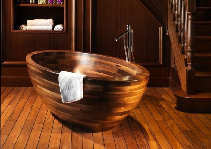 A stylish wooden bathtub.