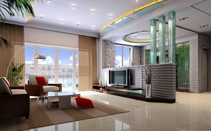 A modern living room designed with interior design principles and a large flat screen tv.