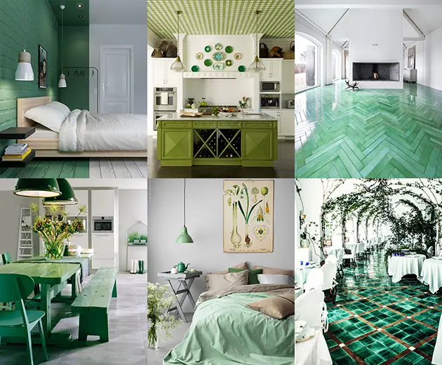 Variety of green-themed interior design ideas.