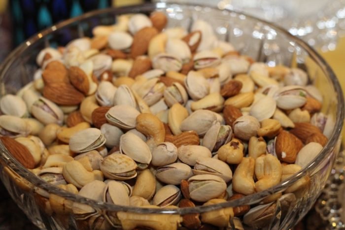Pistachios on a table.