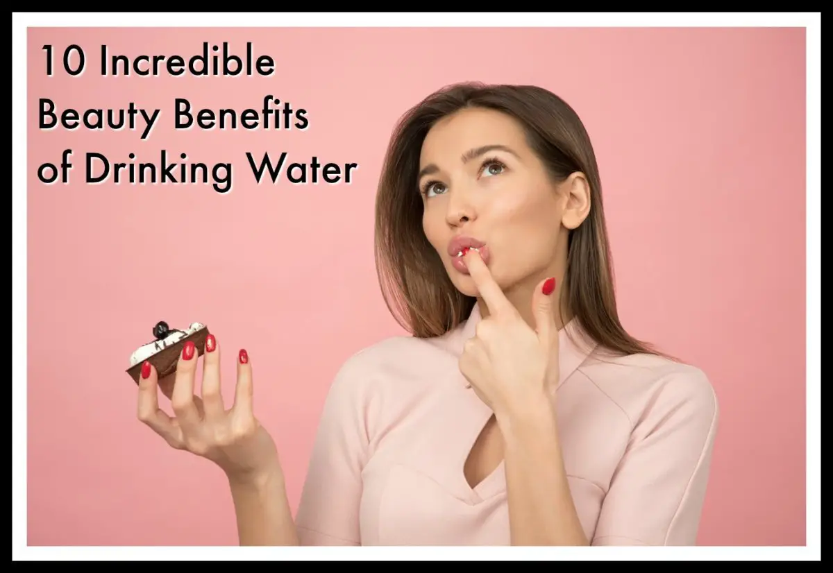 Woman contemplating beauty benefits of water with mini cake.