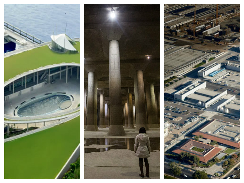Three pictures of a building with a green roof as part of one of the biggest plumbing projects.