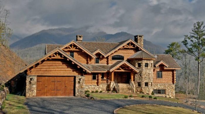 A spacious log home nestled in the mountains.