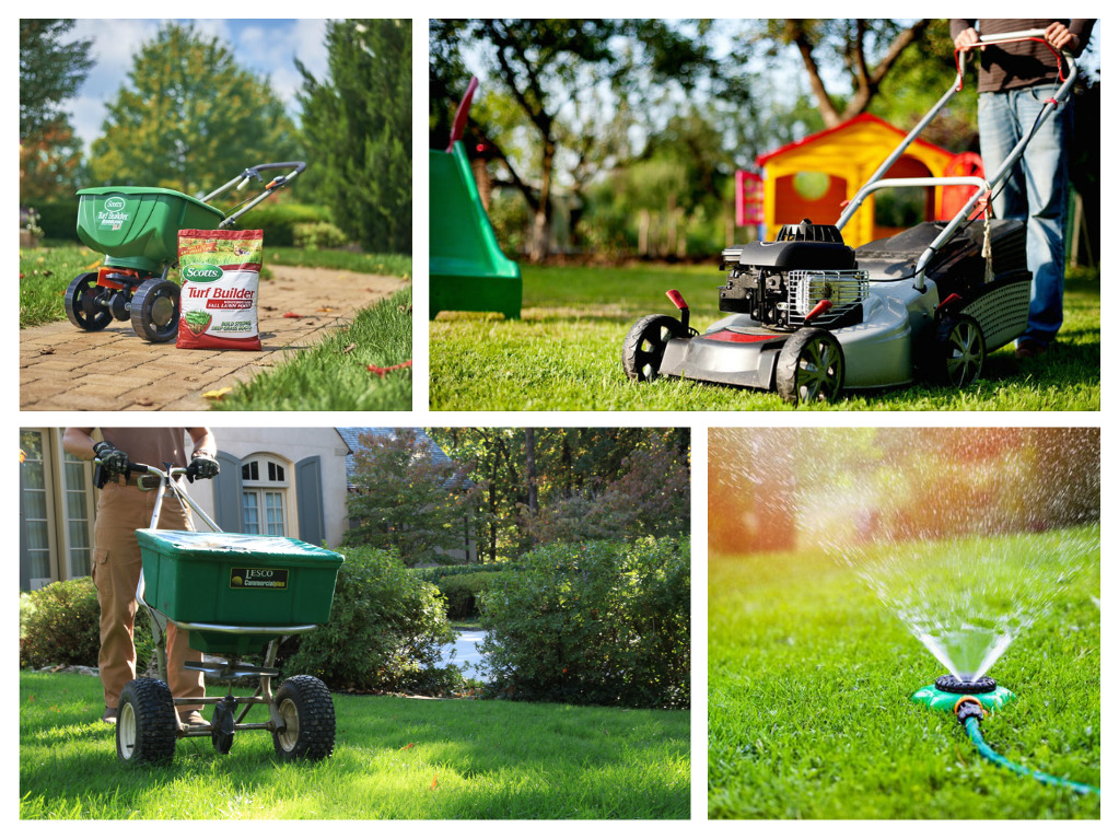 A collage depicting lawn maintenance equipment.
