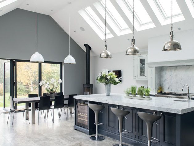 A kitchen with skylights.