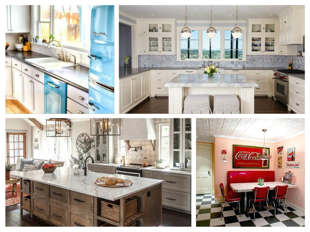 A vintage kitchen collage comprising pictures of a dining room.