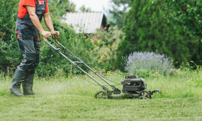 A man is utilizing an electric lawn mower to maintain his lawn.