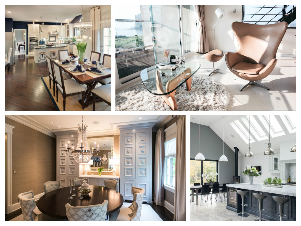 A collage of pictures showcasing kitchen and dining room designs.