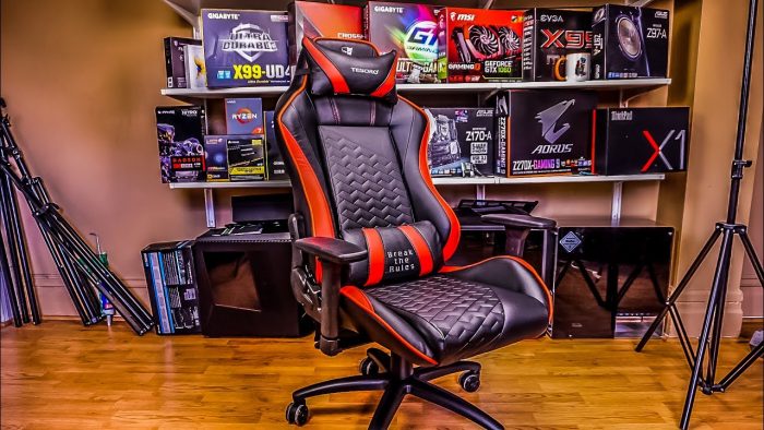 A black and red gaming chair.