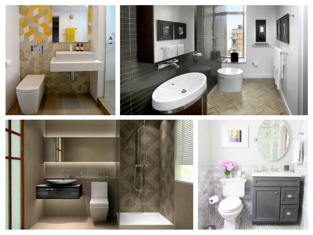 A collage of small bathroom designs.