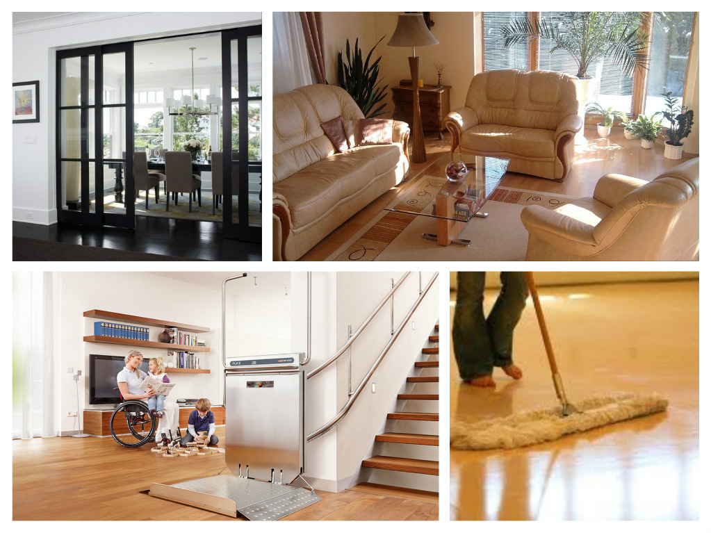 A collage of pictures showcasing a living room redesigned for accessibility.