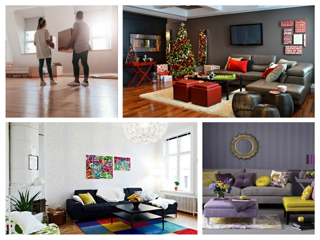 A collage of pictures showcasing a living room and dining room for decorating your new house.