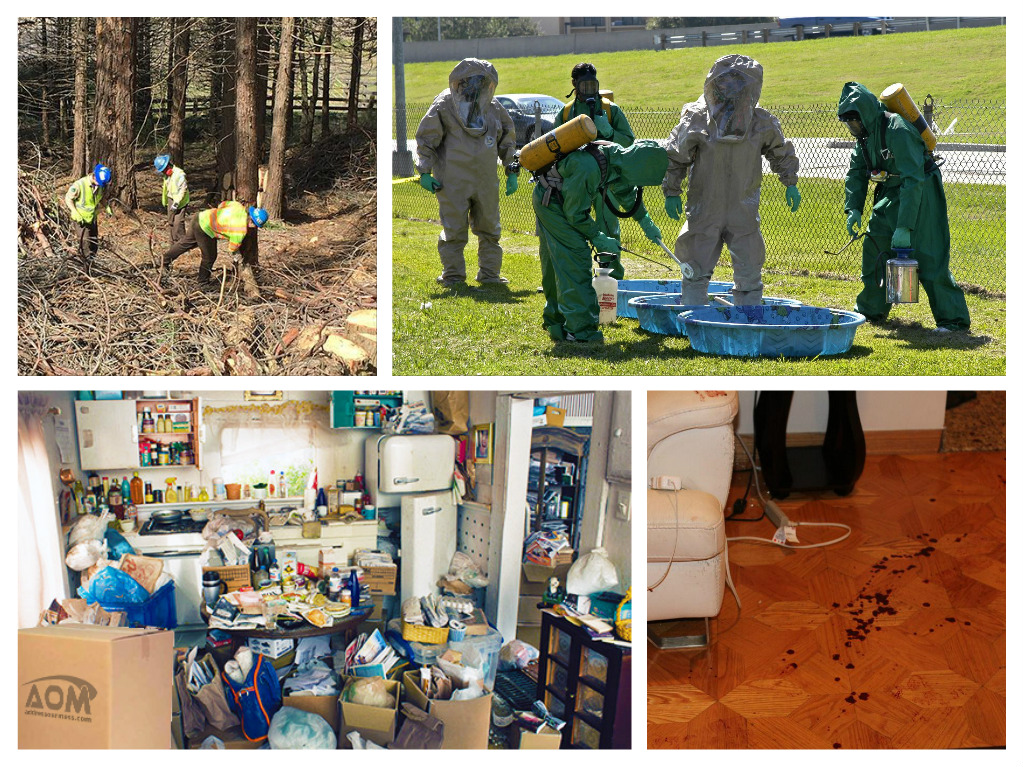 A collage of pictures showing people in hazardous protective gear for cleaning.