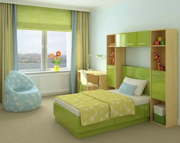 Bright, organized child's room with scenic view.