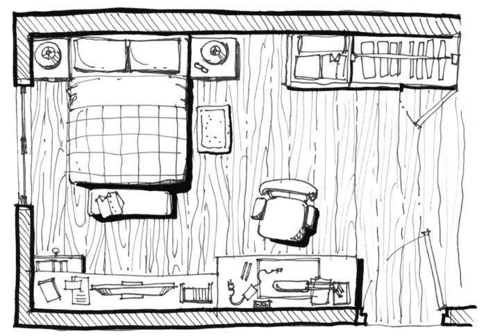 A drawing depicting furniture arrangement in a bedroom.