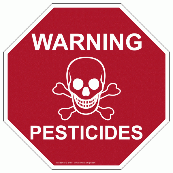 A warning sign with skull and crossbones for pesticides.