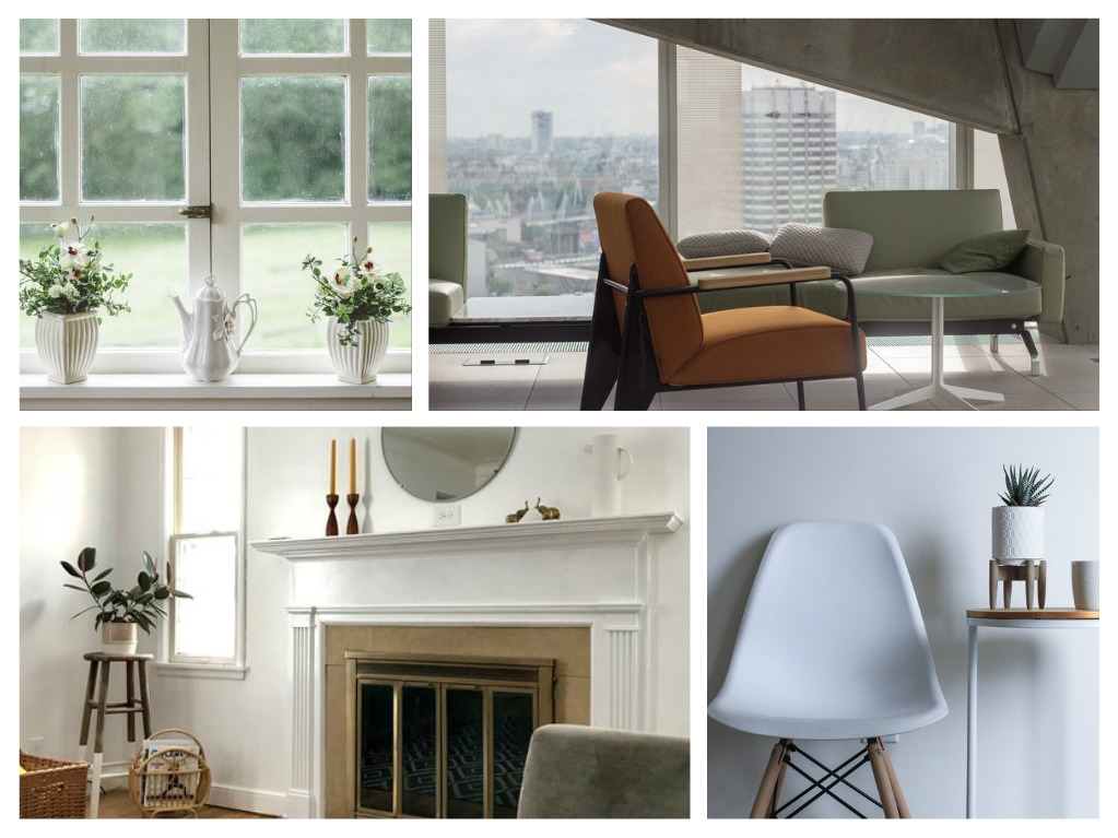 A collage of photos showing a living room with white furniture and a fireplace, designed to make the space appear larger.