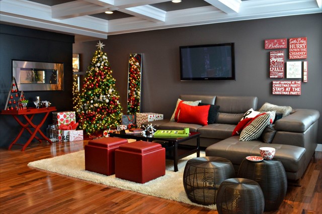 A living room decorated for Christmas with a Christmas tree, perfect for decorating your new house this holiday season.