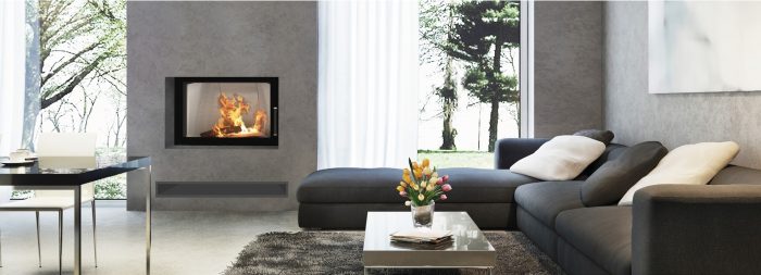 A modern living room with a cozy fireplace.