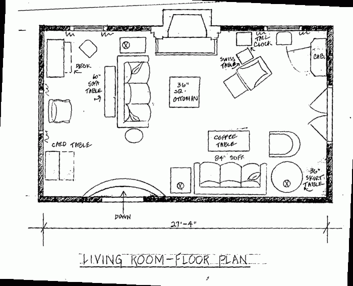 A drawing of a living room floor plan showcasing the perfect furniture selection.