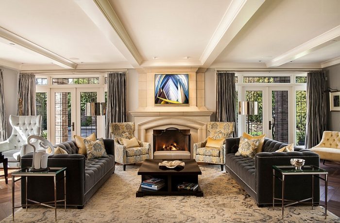 A living room with a fireplace and perfect furniture.