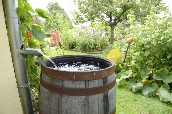 A garden barrel with flowing water.