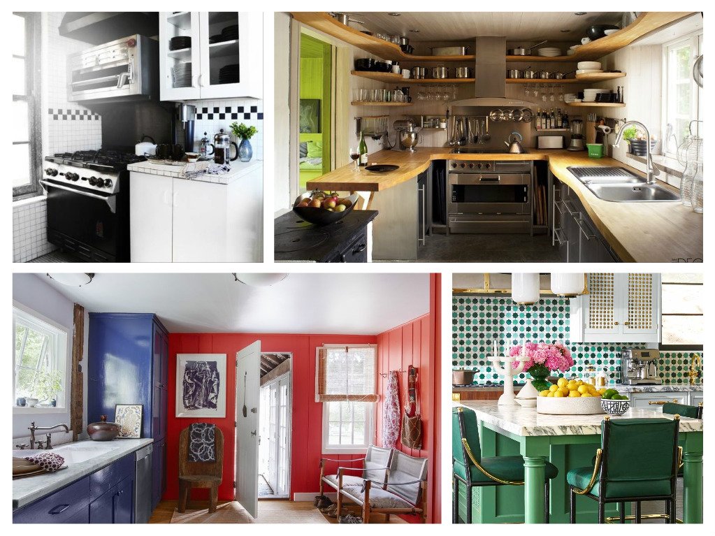 A collage of small kitchen ideas with different colors.