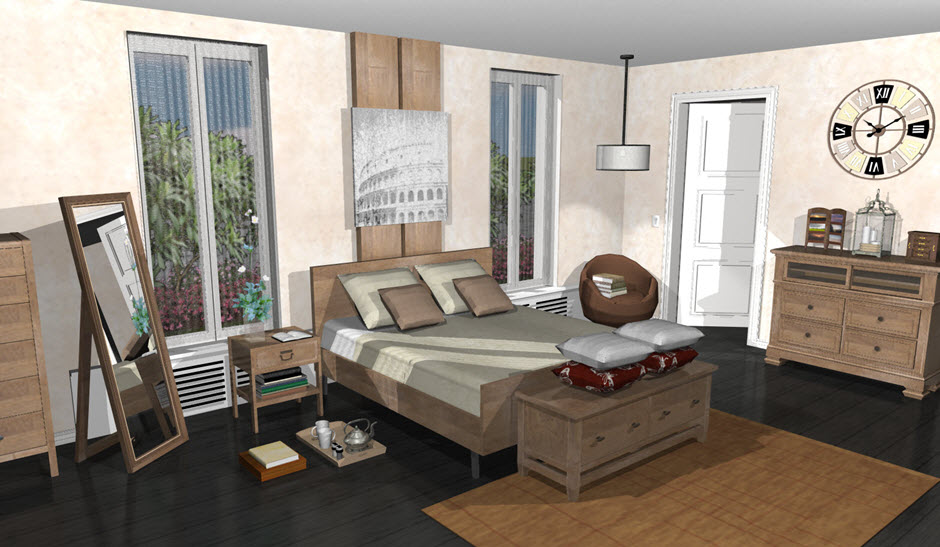 A 3D interior design of a bedroom.