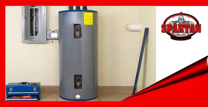 A water heater with red background showcasing the benefits of a home water softener.