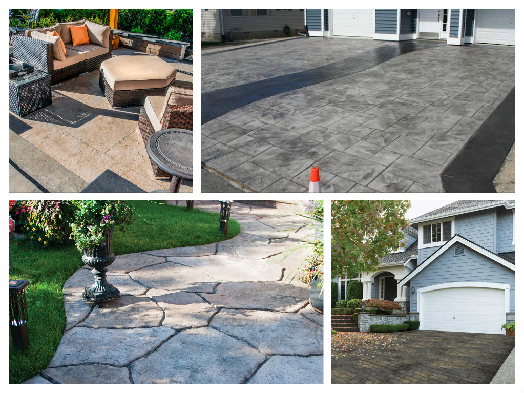 A collage of pictures showing various types of driveways, including a stamped concrete driveway.