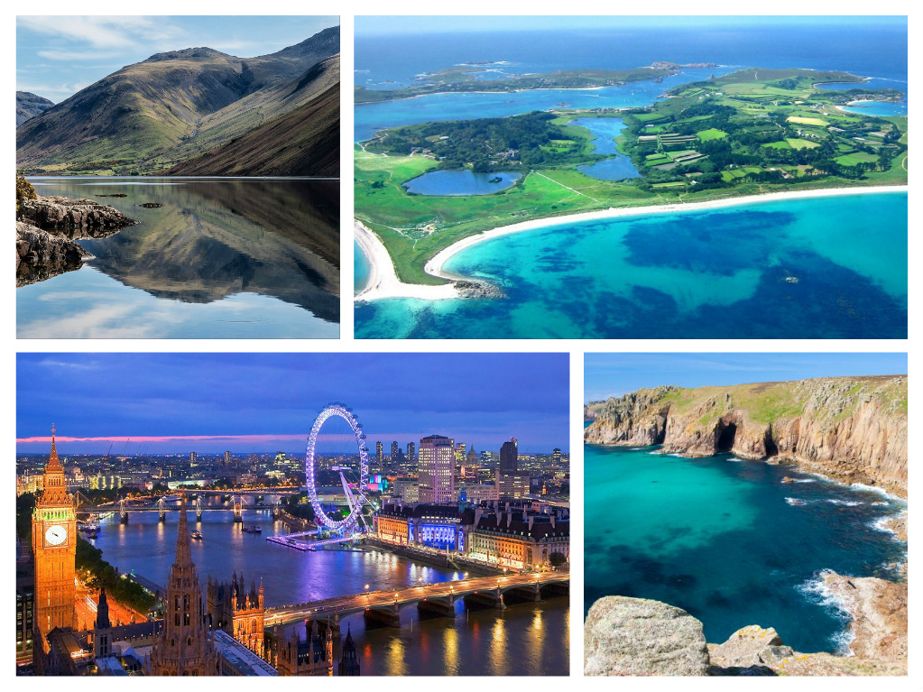 A collage of pictures from travelling around the UK, featuring different places in Scotland and England.