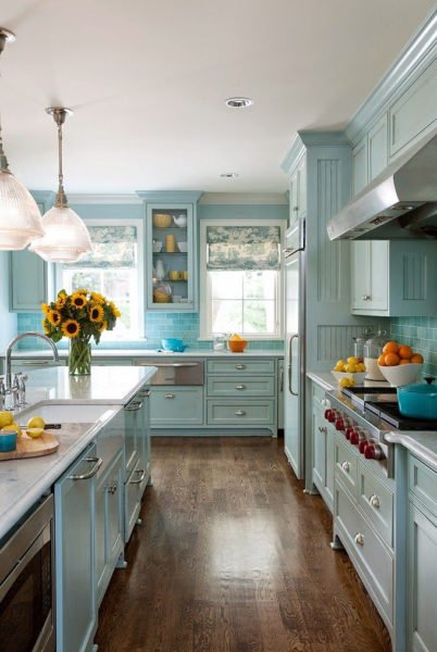 Update your kitchen with light blue cabinets.