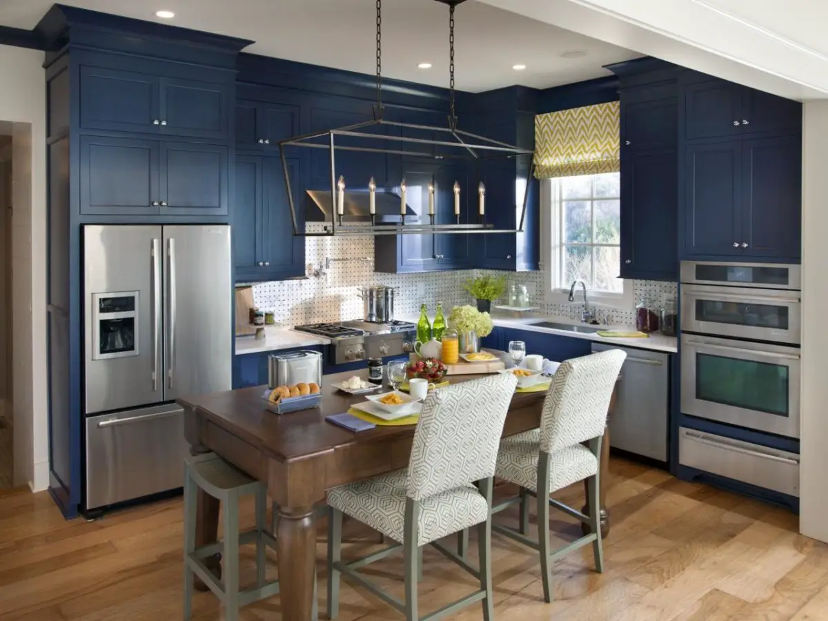 Modern kitchen with blue cabinets and stainless steel appliances.
